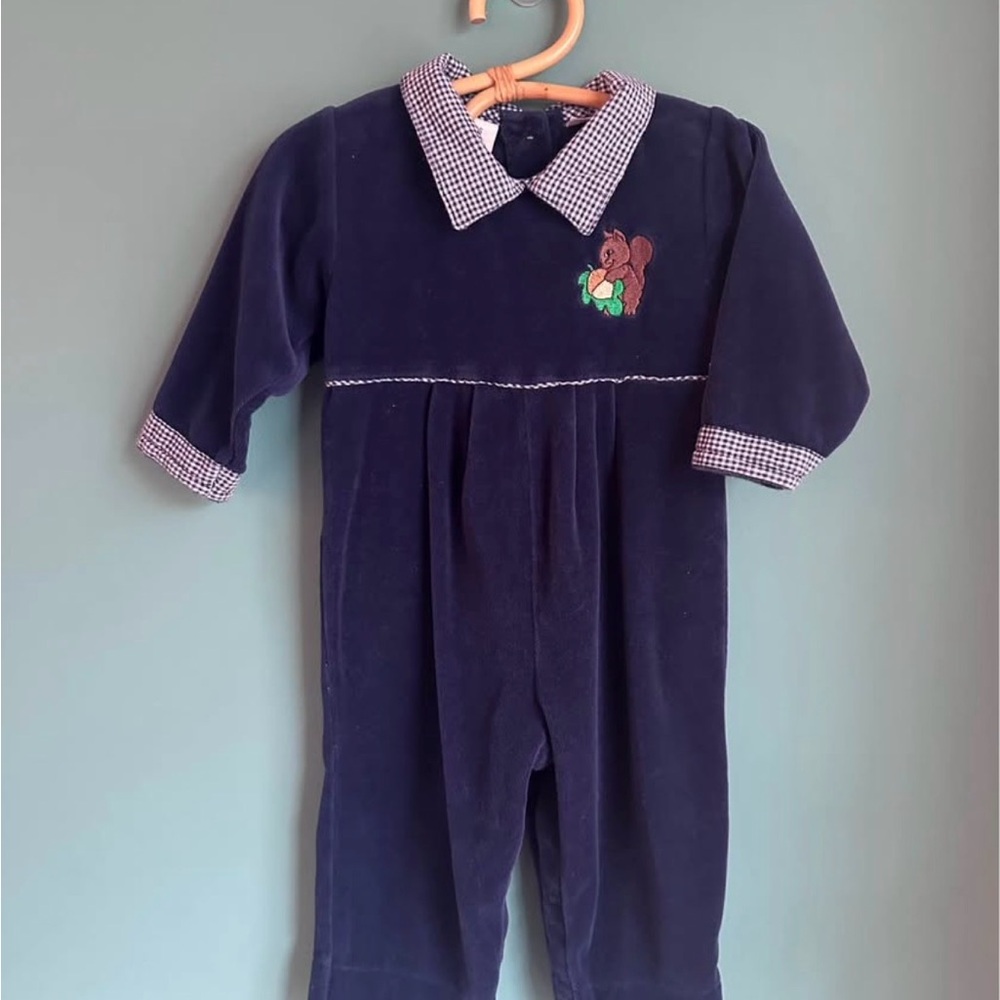 Vintage Navy Blue Baby Romper with appliqué embroidered squirrel